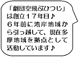 角丸四角形吹き出し: 「劇団空飛ぶひつじ」  は創立１７年目♪  ６年前に湾岸地域から引っ越して、現在多摩地域を拠点として活動しています♪  